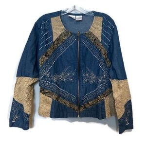 Vintage Blair Boutique Embroidered Blue and Tan Women's Denim Jean Jacket